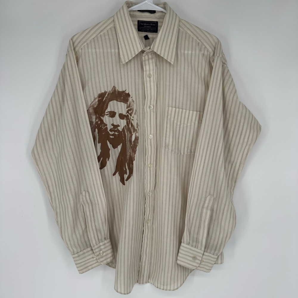 Vintage 80s JCPenney The Mens Shop Bob Marley Graphic Pinstripe Shirt 17 34-35